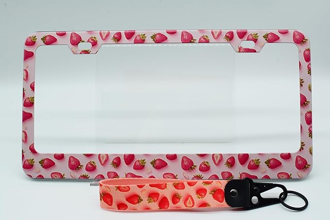 2-Pack Pink Strawberry License Plate Frames, 2 Holes Cute Strawberries Aluminum License Plate Holder for Women Man,Fruit License Plate Cover fits Vehicles 12.3" x 6.3" with Keychain Wrist Lanyard