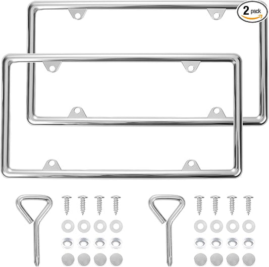 Chrome License Plate Frames Made of Zinc Alloy Metal, Universal Car Accessories,2Pack Front & Rear License Plate Holders Never Rust and Unbreakable with All Mounting Hardware Included