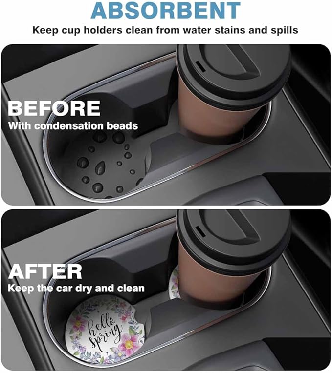 Hello Spring 2 Pack Car Cup Holder Coaster Anti Slip Insert Absorbent Ceramic Car Coaster with Cork Base and Finger Notch Cute Car Accessories Interior for Women Men