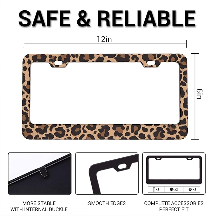 Leopard Print License Plate Covers, Cheetah License Plate Frame, Aluminum License Plate Holders, Women & Men Car Tag Frame with Screws, 6 X 12 in