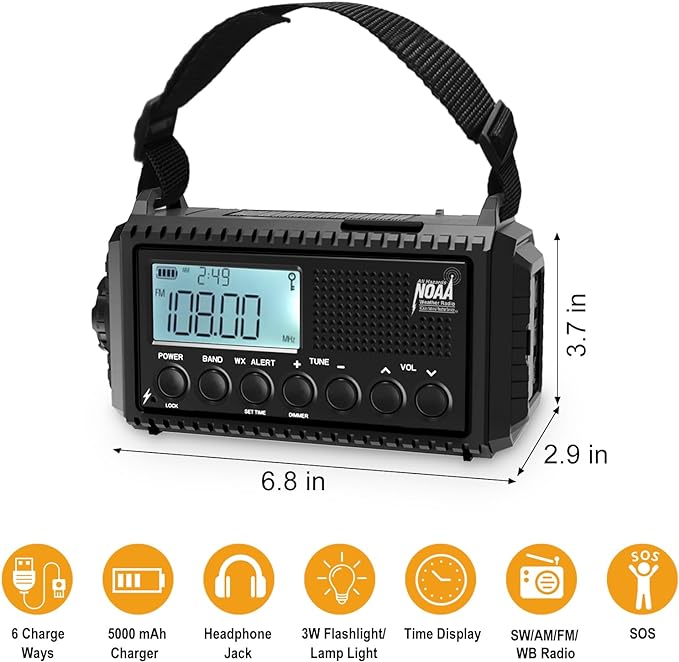 Raynic NOAA Weather Radio, 5000mAh/18500mWh Solar Hand Crank Emergency Radio, Battery Powered Portable Radio with AM/FM/SW/NOAA, Cell Phone Charger, Type-C Charging, Flashlight and SOS Siren