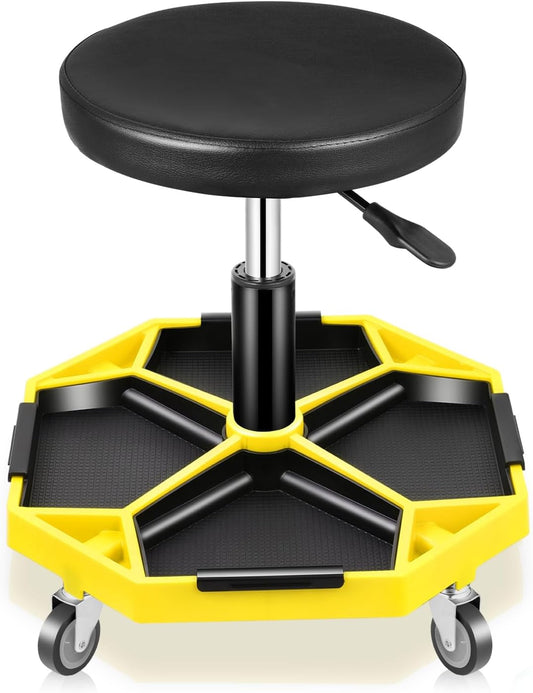 Auto Dynasty Mechanic Stool, Adjustable Rolling Pneumatic Creeper Garage Shop Seat with Tool Tray, 300 LBS Roller Seat for Workshop Auto Repair, Adjustable Height 15.7" to 21", Yellow