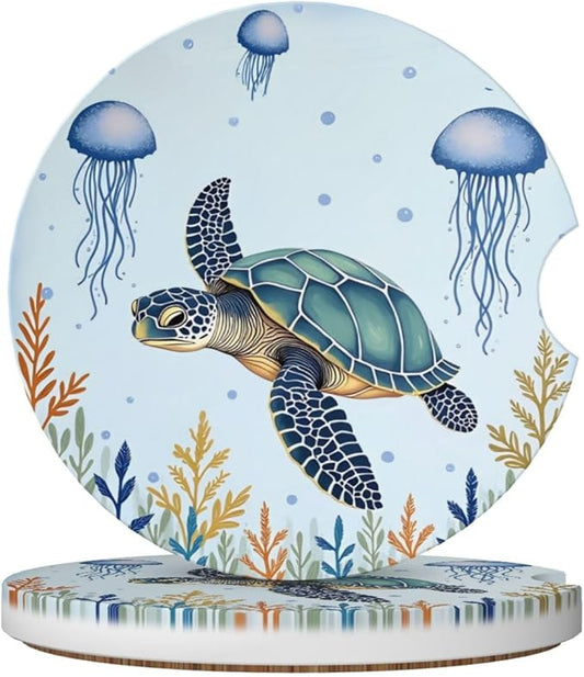 ABLESKY Car Coasters for Cup Holders, 2 Pack Absorbent Anti Slip Car Cup Holder Coasters, 2.56 Inch Ceramic Universal Size Auto Interior Accessories Women Men-Sea Turtles