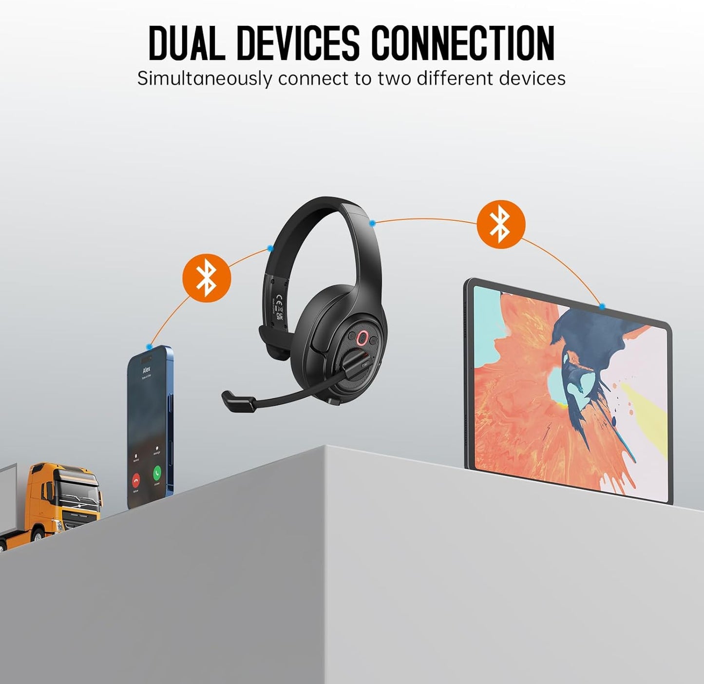 EKSA [Upgrated Trucker Bluetooth Headset with ENC Microphone, 99ft Wireless Range & 30H Talk Time, with Replaceable Ear Pad, Environmental Noise Cancelling Headphones All-Day Comfort for Drivers