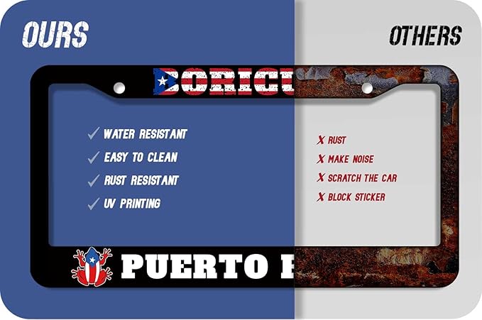 1PCS Boricua Puerto Rico Frog License Plate Frame Holder - 2 Holes Black Auto Universal Aluminum Matte Car Tag Holder Covers with Sticker & Screws for Men