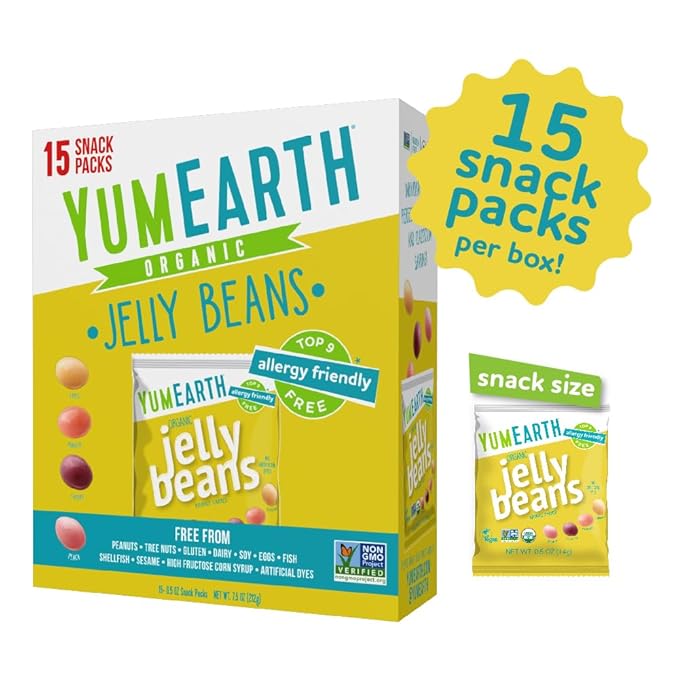 YumEarth Organic Jelly Beans - Fruity Candy Snack Packs, Gluten Free Snacks for Kids - Allergy Friendly, Non-GMO, No Artificial Flavors or Dyes - Assorted Flavors, 7.5 oz. (Pack of 15)