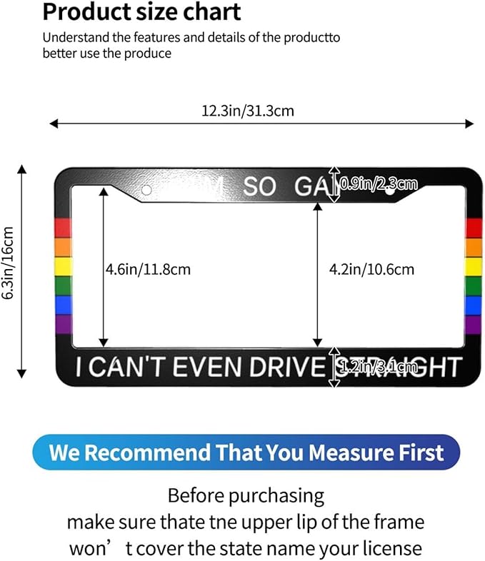 Rainbow Gay License Plate Frame Personalized LGBT Pride License Plate Cover Aluminum Metal Novelty Decorative for Front Rear Car Tag Holder 2 Hole with Screws Fits for Men Women 1 Pcs