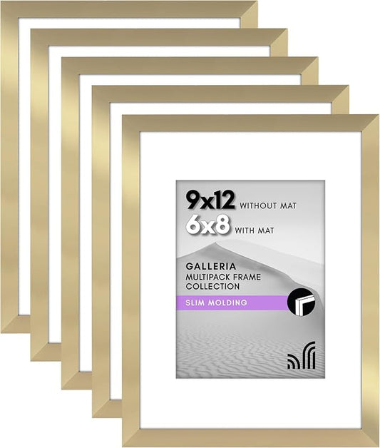 Americanflat 9x12 Picture Frame with Polished Plexiglass - Set of 5 - Use as 6x8 Frame with Mat or Display 9x12 Photo Without Mat - Galleria Collection - Picture Frames for Wall Display - Gold