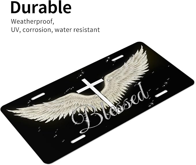 Front License Plate Wing Cross Blessed Vanity Plates Aluminum Metal Decorative Car Tag Novelty License Plate Cover for Men Women ‎6 * 12 in (4 Holes)