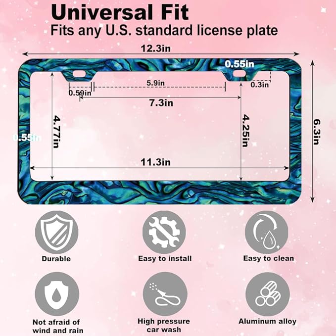 2pcs Faux Abalone License Plate Frame for Women, car Decorative tag Frames Girly, Faux Abalone License Plate Cover Holder for Vehicle with Double Sided car Keychain tag