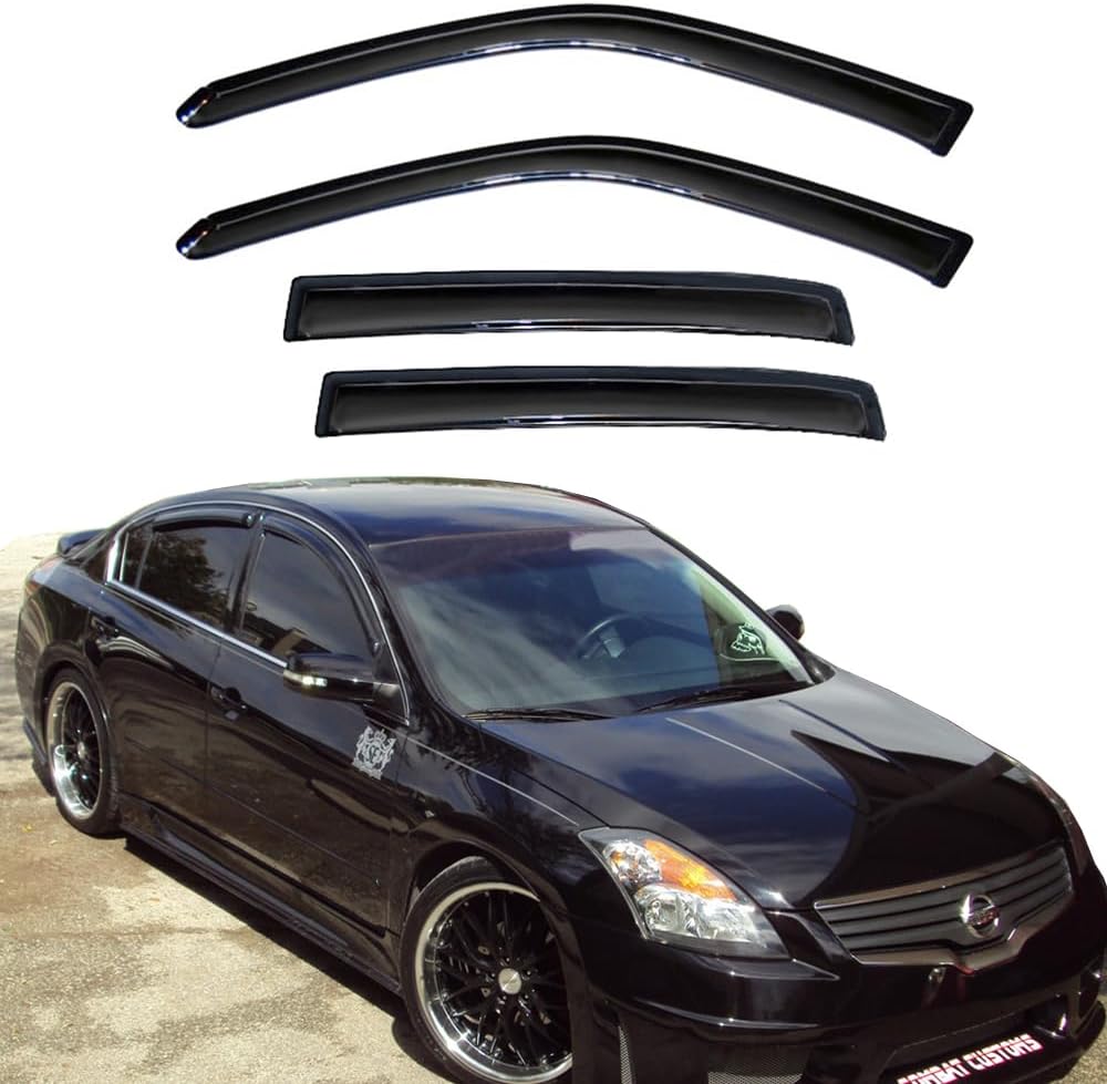 94005 Side Window Visors Wind Vent Deflector,4pcs Outside Mount Tape-On Nice Sun Rain Guards Set fit for 2007-2012 Nissan Altima,Dark Smoke Window Shade