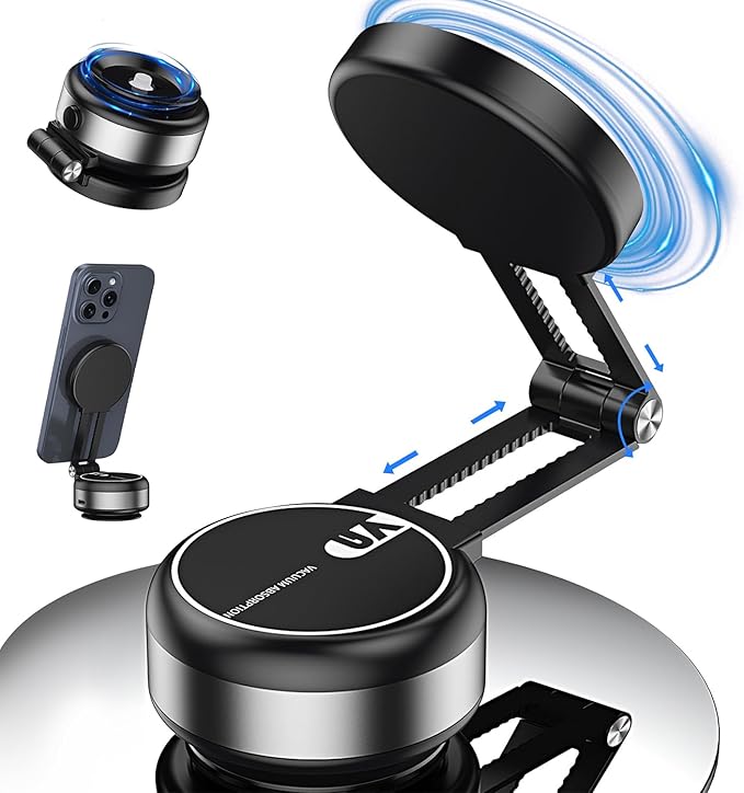 Electric Vacuum Magnetic Car Phone Mount,Vacuum Suction Car Phone Holder Hands-Free,Adjustable Foldable Magnetic Suction Cup Phones Mount,Strong Mag-netic Car Mounts for Smooth Surface (Silver)