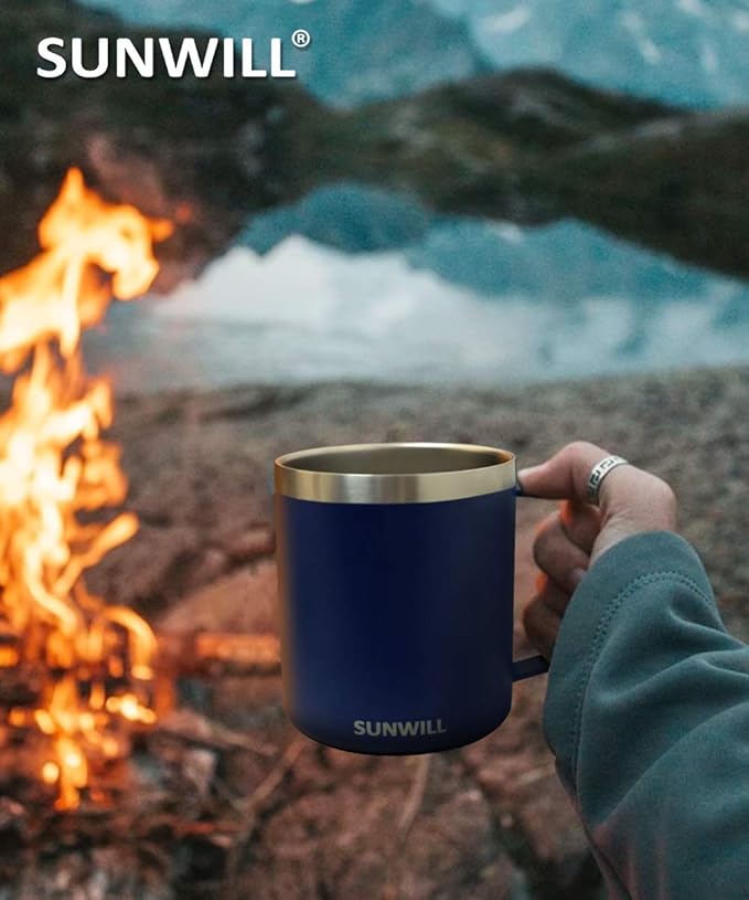 SUNWILL Insulated Coffee Mug with Lid, Travel Tumbler with Handle, 14oz Stainless Steel Cup for Camping, Office, Home, Powder Coated Navy Blue