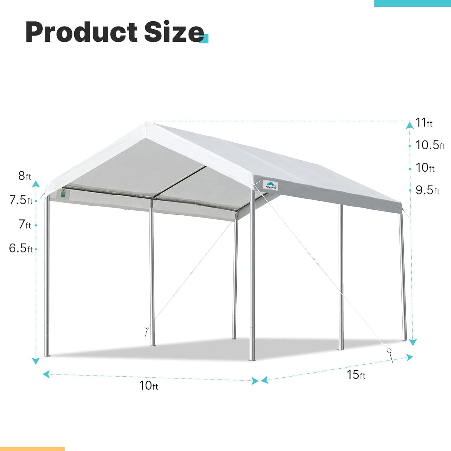 ADVANCE OUTDOOR Adjustable 10x15 ft Heavy Duty Carport Car Canopy Garage Boat Shelter Party Tent, Adjustable Height from 9.5 ft to 11 ft, White