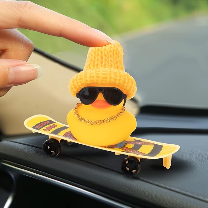 wonuu Car Duck Ornament Rubber Duck Car Dashboard Decoration for Car Dashboard Decoration Accessories with Mini Hat, Necklace, Sunglasses, Chair or Skateboard