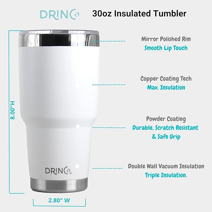 Drinco - 30 oz Stainless Steel Tumbler | Double Walled Vacuum Insulated Mug With Lid, 2 Straws, For Hot & Cold Drinks (30oz Artic White USA Flag, 30oz)