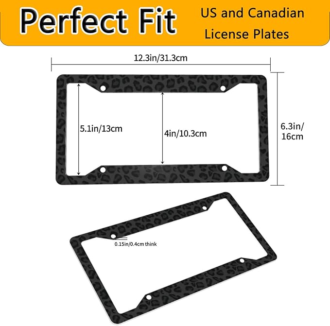License Plate Frame 2 Pack Front Rear Aluminum Metal Rust-Proof Universal Car Tag Frames Holder with 4 Holes Car Decor Accessory with Screws for Men Women - Black Leopard