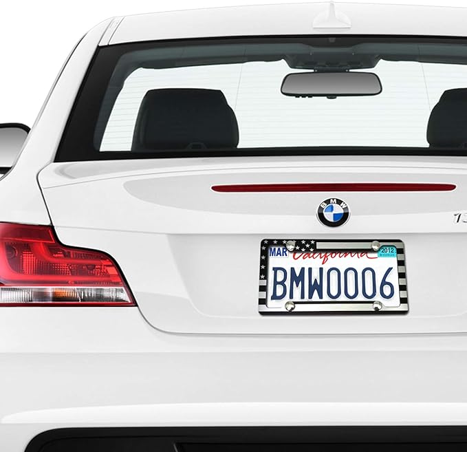 AOOTF American Flag License Plate Frame - USA Aluminum Metal License Plate Cover Auto Car Truck Tag Holder Thin Blue Line Black and White Stripes with Screws,Anti-Rattle Foam Pad