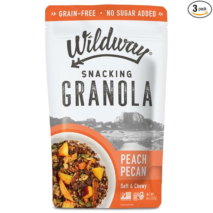 Wildway Keto Granola | Peach Pecan | Grain-Free, Certified Gluten-Free Cereal | Vegan, Low Carb | No Sugar Added | Paleo-Friendly | Non-GMO Fruit & Nut Clusters | Nutrient-Rich Snack | 8 oz, 3 Pack