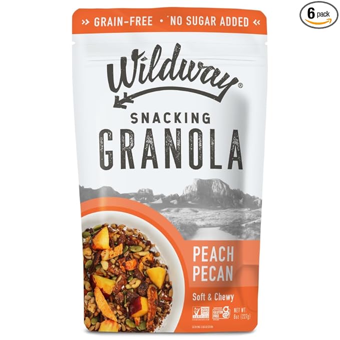 Wildway Keto Granola | Peach Pecan | Grain-Free, Certified Gluten-Free Cereal | Vegan, Low Carb | No Sugar Added | Paleo-Friendly | Non-GMO Fruit & Nut Clusters | Nutrient-Rich Snack | 8 oz, 6 Pack