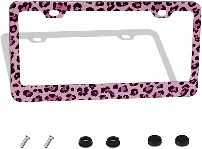 Pink Leopard & Cheetah Print License Plate Frame - Wild Animal Print Design License Plate Holder，Stylish Aluminum Front/Rear Car Tag Cover with Screws，Decorative for US Vehicle Standard for Women Men