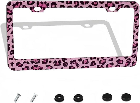 Pink Leopard & Cheetah Print License Plate Frame - Wild Animal Print Design License Plate Holder，Stylish Aluminum Front/Rear Car Tag Cover with Screws，Decorative for US Vehicle Standard for Women Men
