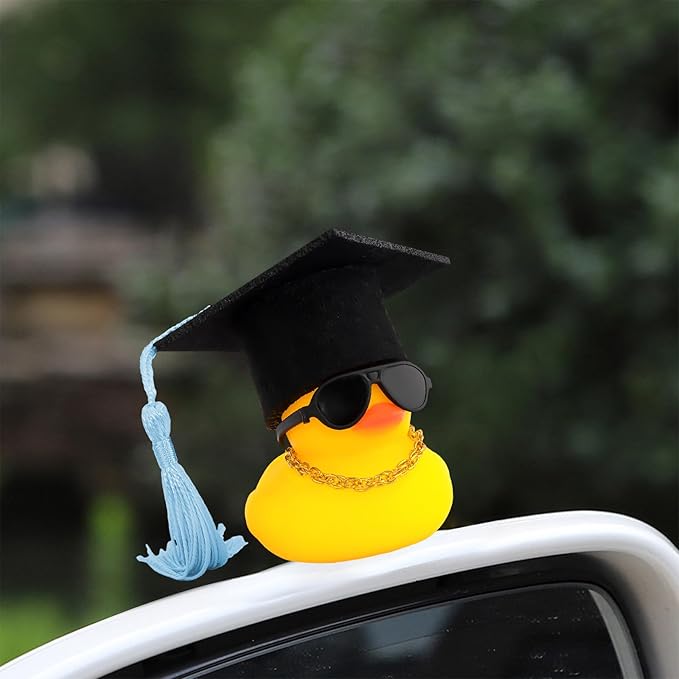 wonuu Car Dashboard Decor Graduation Hat Rubber Duck, Car Ducks Ornaments with Mini Hat Necklace Sunglasses Scarf (Light Blue)