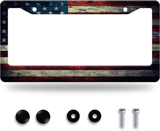 American Flag License Plate Frame Vintage USA Flag License Plate Stainless Steel Funny License Plate Holder Patriotic Car Accessories Decoration with Screws Fits Standard Vehicles Size 12.3" x 6.3"