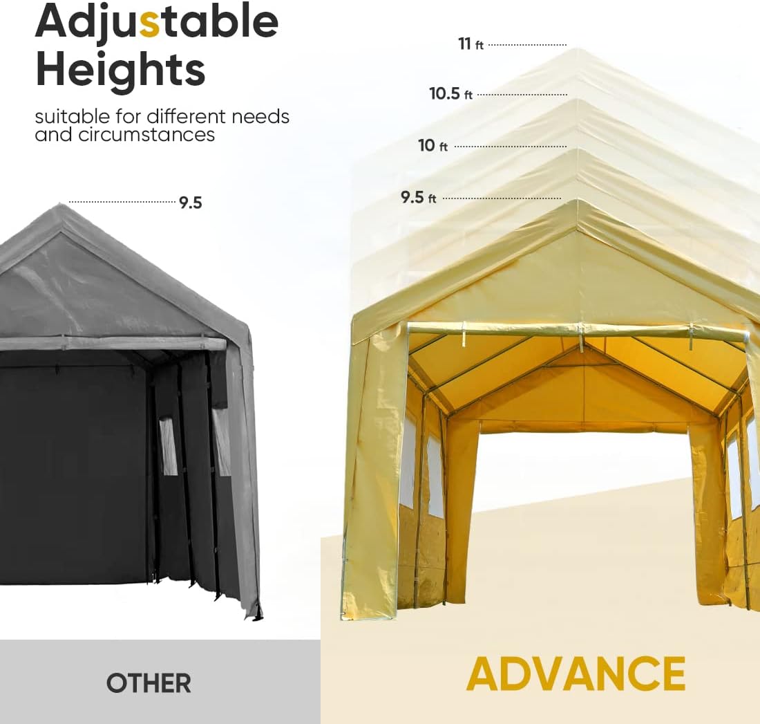 ADVANCE OUTDOOR 10x20 ft Adjustable Height Carport with Removable Window Sidewalls and Doors, Heavy Duty Car Canopy Garage Party Tent Boat Shelter with Reinforced Poles, Beige