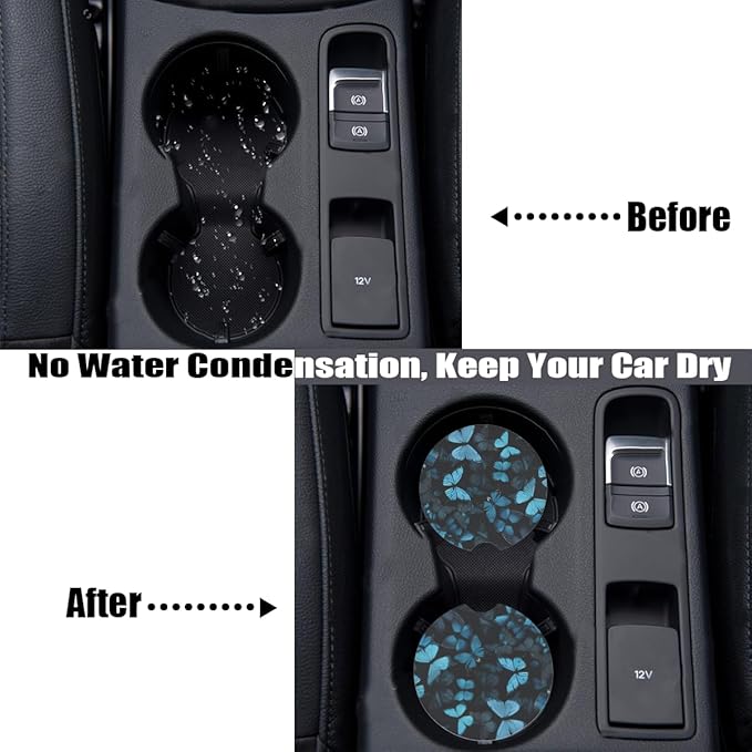Cup Holder Coaster 2 Pack - Cork Base Universal Car Cup Coasters for Drinks - Funny Aesthetic Car Accessories, Table Coaster Home Decor (Blue Butterfly)