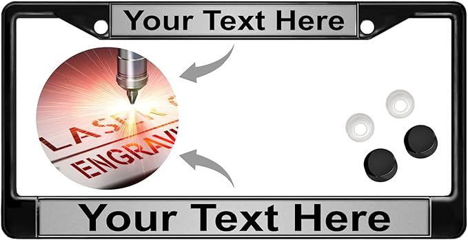 Custom Personalized Black Powder-Coated Metal Laser Engraved Standard Size - Car/Automobile License Plate Frame with Free caps - Silver/Black Text (Qty: 1 Frame)