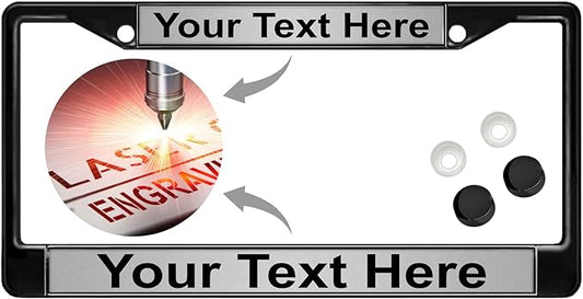 Custom Personalized Black Powder-Coated Metal Laser Engraved Standard Size - Car/Automobile License Plate Frame with Free caps - Silver/Black Text (Qty: 1 Frame)