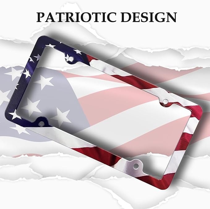 LIN KANG American Flag License Plate Frame Holder - 2 Pack Patriotic Universal Aluminum Matte Stripe US Flag Gloss Car Plate Frame Covers Accessory with 4 Holes and Screws Fasteners Caps