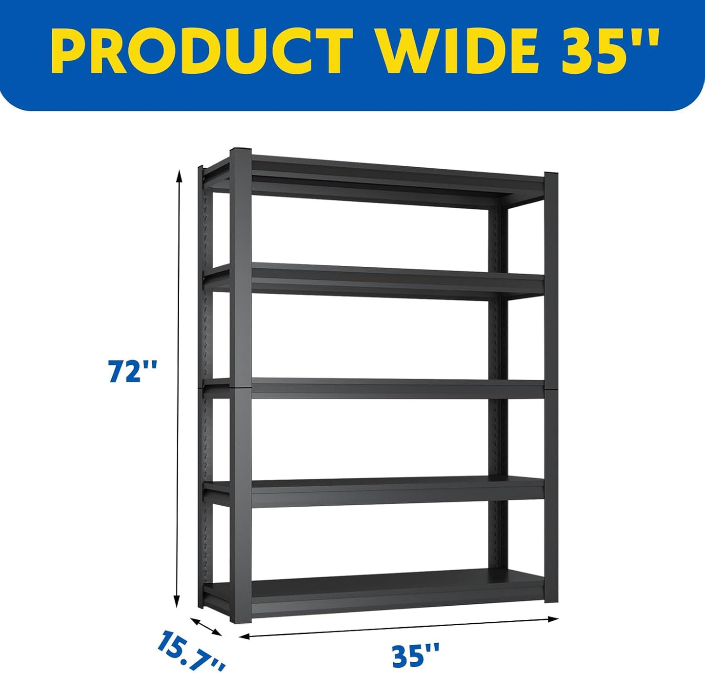 72''H Garage Shelving Heavy Duty, 2500LBS Storage Shelves, 5-Tier Adjustable Metal Shelve Storage Shelf Rack, Industrial Shelving Unit for Garage, Warehouse, Basement (35" W x 15.7" D x 72" H)
