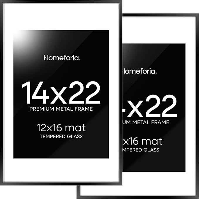 Homeforia 14x22 Picture Frame Black, High End Metal 14 x 22 Poster Frames with Mat 12 x 16 for Photo, 14x22 Black Frame Matted to 12x16 inch Print, 22x14 Thin Frame, Tempered Glass, Wall Kit, Set of 2