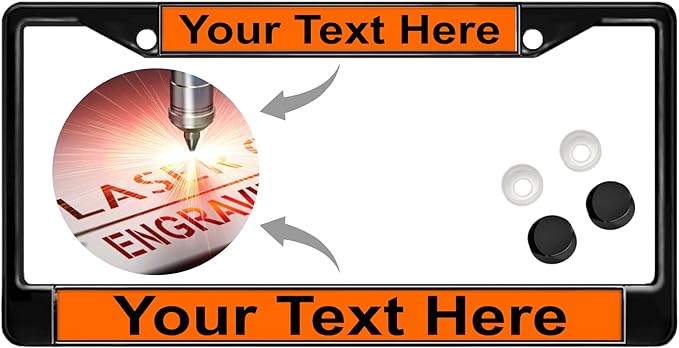 Custom Personalized Black Powder-Coated Metal Laser Engraved Standard Size - Car/Automobile License Plate Frame with Free caps - Orange/Black Text (Qty: 1 Frame)