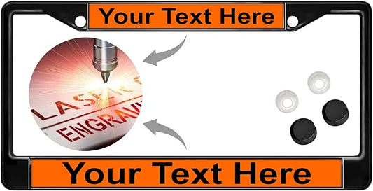 Custom Personalized Black Powder-Coated Metal Laser Engraved Standard Size - Car/Automobile License Plate Frame with Free caps - Orange/Black Text (Qty: 1 Frame)
