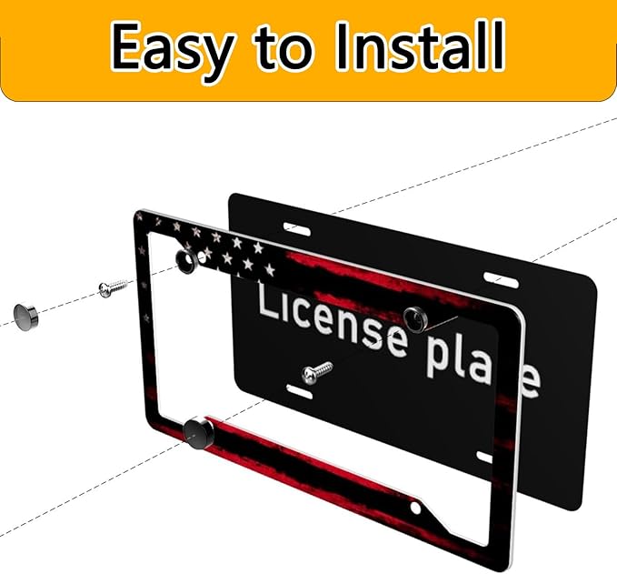 License Plate Frame 2 Pack Front Rear Aluminum Metal Rust-Proof Universal Car Tag Frames Holder with 4 Holes Car Decor Accessory with Screws for Men Women - Black Red American Flag
