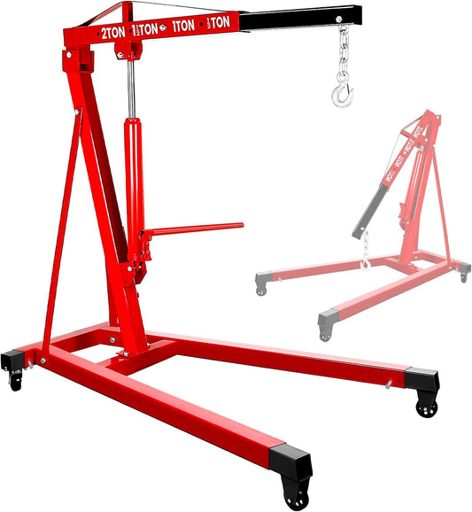 2 Ton Engine Hoist, Carbon Steel Cherry Picker Engine Hoist with 4 Casters, Hydraulic Engine Crane Hoist Cherry Picker Shop Crane for Garage Factory Warehouse, Red