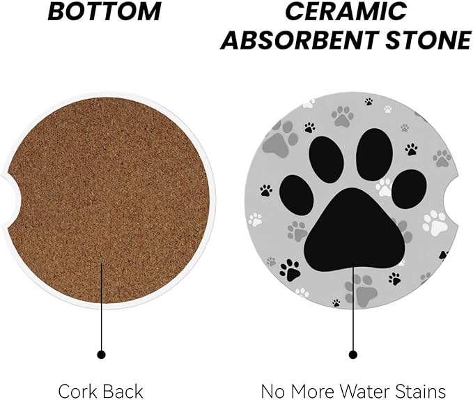 ABLESKY Car Coasters for Cup Holders, 2 Pack Absorbent Anti Slip Car Cup Holder Coasters, 2.56 Inch Ceramic Universal Size Auto Interior Accessories Women Men-Gray Dog Paw