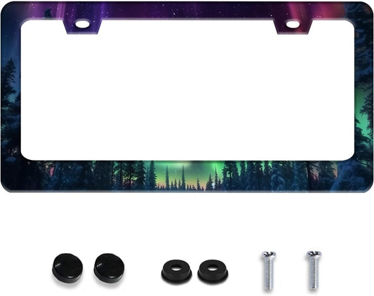 Personalized License Plate Frame Aurora Forest Stainless Steel Accessory Starry Sky License Plate Holder Funny Car Decorative 2 Holes Screws Fits Us Standard License Plates 12.2 X 6.3 In For Men Women