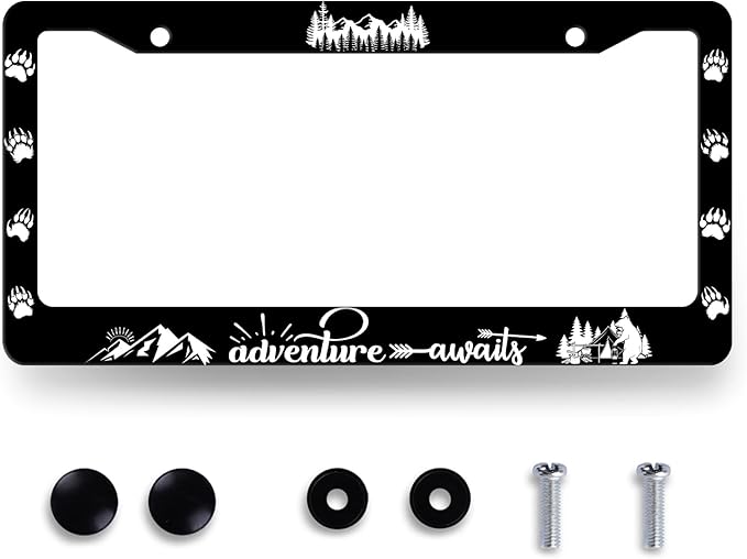 Adventure Awaits License Plate Frame Bears Mountains Forest License Plate Stainless Steel Funny Accessory Cars Decor for Men Women 12.2 X 6.2 Inch with 2 Holes and Screws Fits Standard Us Ca Vehicles
