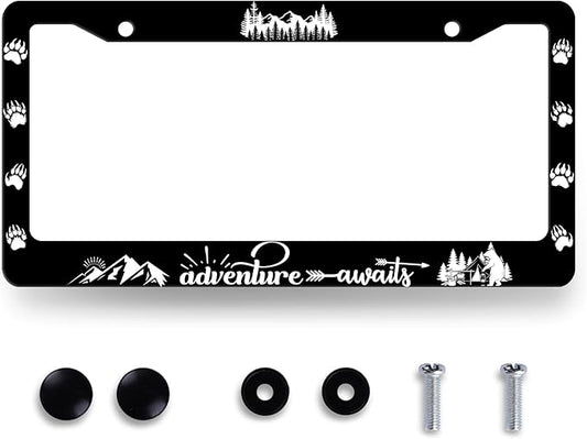 Adventure Awaits License Plate Frame Bears Mountains Forest License Plate Stainless Steel Funny Accessory Cars Decor for Men Women 12.2 X 6.2 Inch with 2 Holes and Screws Fits Standard Us Ca Vehicles