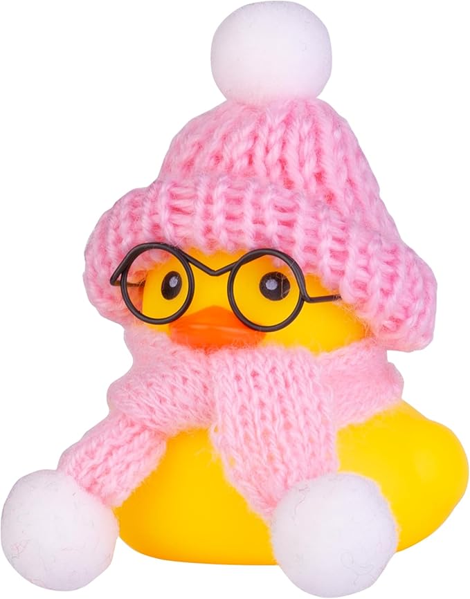 Car Rubber Duck Ornament Winter Duck Car Dashboard Decoration with Mini Beanie Hat Glasses and Scarf (E3)