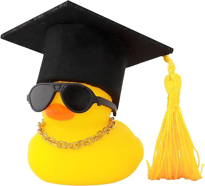 wonuu Car Dashboard Decor Graduation Hat Rubber Duck, Car Ducks Ornaments with Mini Hat Necklace Sunglasses Scarf (Yellow)
