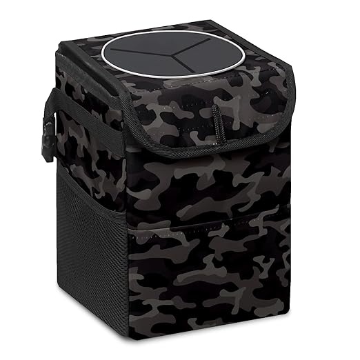 Car Trash Can Black and Grey Camouflage Wate-rproof Auto Garbage Bag Car Trash Can with Lid Leak-Proof Car Storage Bag Hanging for Headrest Collapsible and Portable with Storage Mesh Pocket