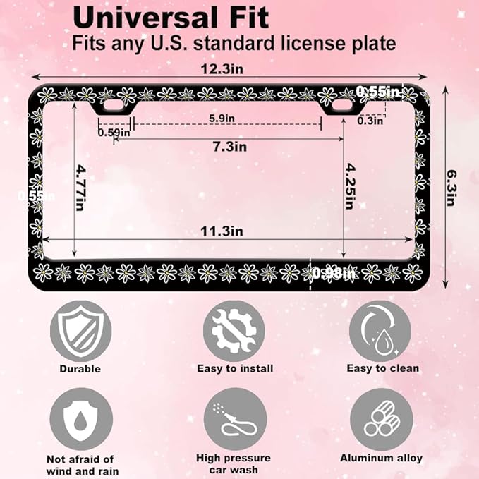 1pcs Black and White Daisy License Plate Frame for Women, Daisies Floral car Decorative tag Frames Girly, Flower License Plate Cover Holder for Vehicle with Double Sided car Keychain tag