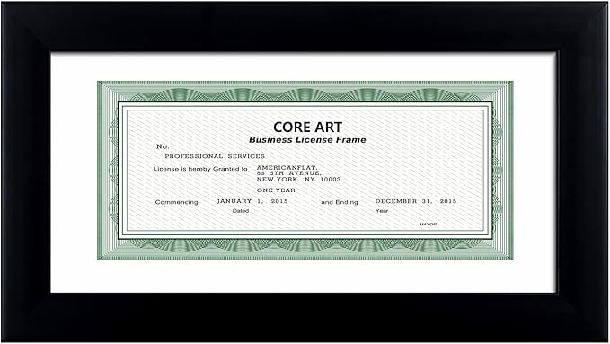 CORE ART 5x10 Business License Frame in Black, Professional Bank Check Frame 3.5x8 with Mat, High Definition Plexiglass, Wall or Tabletop Display