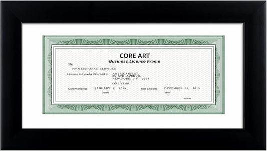 CORE ART 5x10 Business License Frame in Black, Professional Bank Check Frame 3.5x8 with Mat, High Definition Plexiglass, Wall or Tabletop Display
