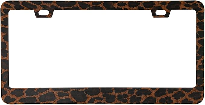 Leopard Cheetah Print Brown and Black License Plate Frame Cover, Matte White Powder Coated Stainless Steel, Animal Print Auto Car Tag Frame with 2 Holes & Free Screws